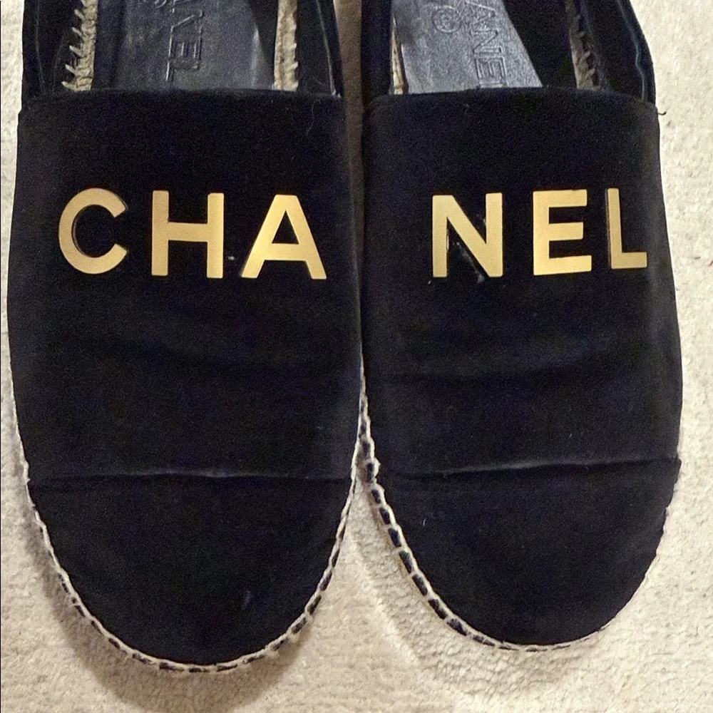 CHANEL Black Suede Espadrilles with Gold Lettering